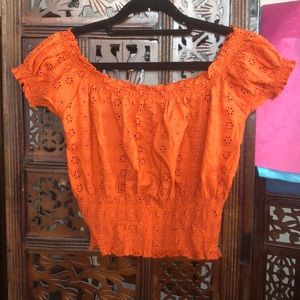 Crop smocked eyelet burnt orange top